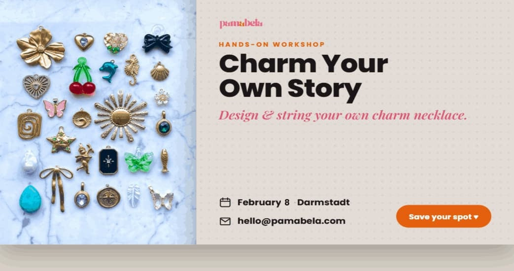 Charm Your Own Story workshop flyer: charm necklaces, February 8 in Darmstadt