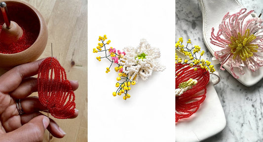 Marchanta collection: hand-beaded flowers being made, a finished hair pin, and shoe clips styled on sandals
