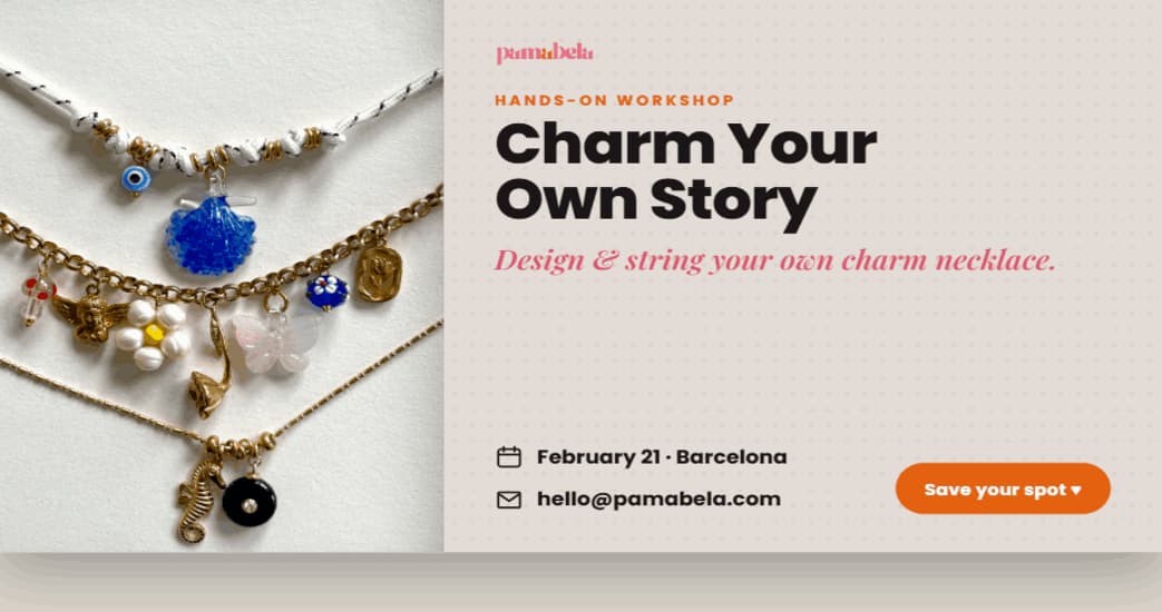 Charm Your Own Story workshop flyer: charm necklaces, February 21 in Barcelona