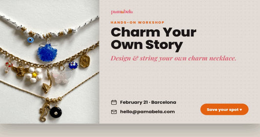 Charm Your Own Story workshop flyer: charm necklaces, February 21 in Barcelona