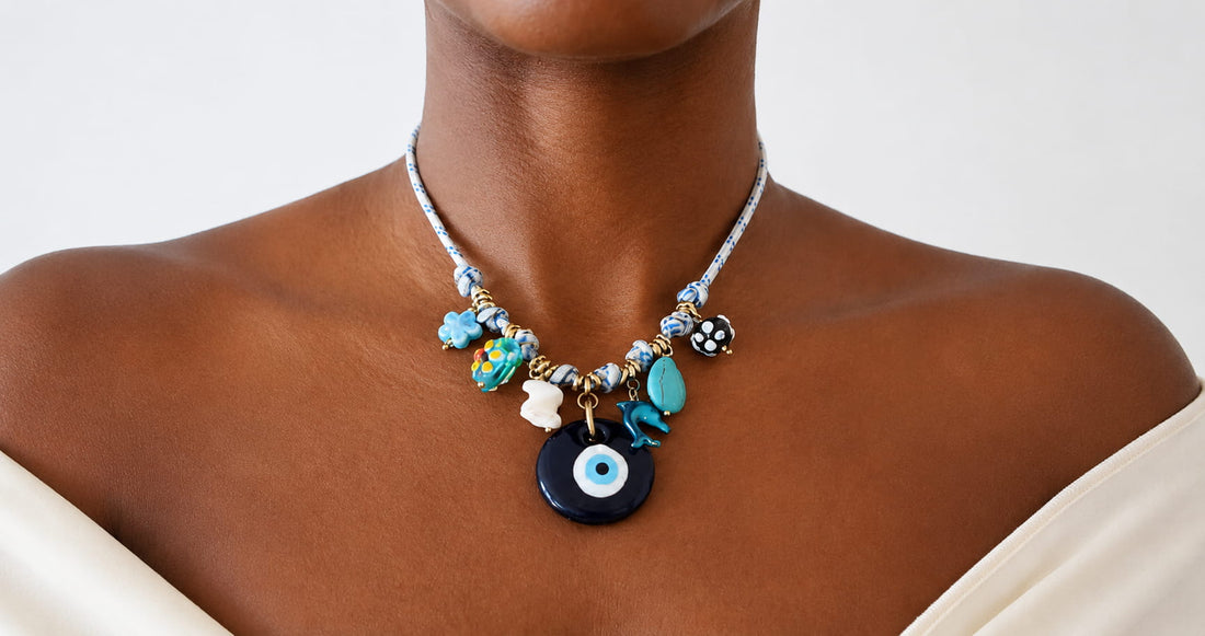 Only Yours necklace with an evil eye charm pendant, worn