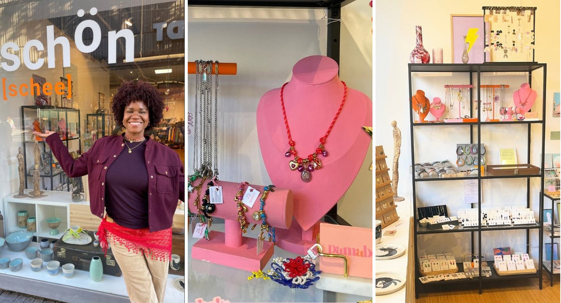 Patricia outside the Schön Schee shop window, a Pamabela charm necklace on a pink bust, and the store interior in Darmstadt