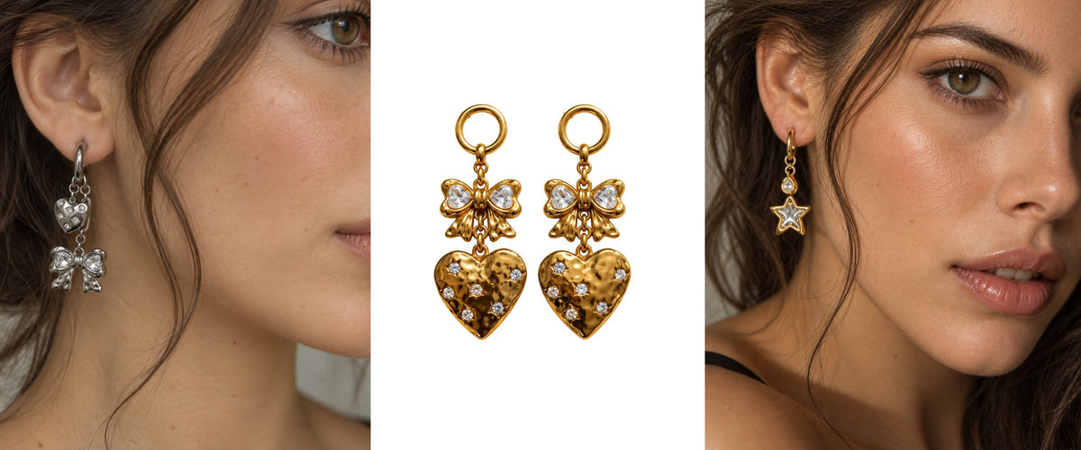 Pamabela earrings: bow and heart earrings worn by two models, with the gold heart bow earrings in the center