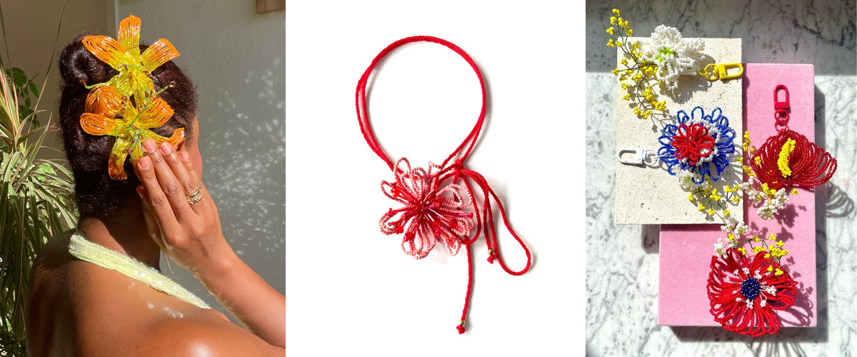 French beaded flowers by Pamabela: hair pins, necklace and key charms