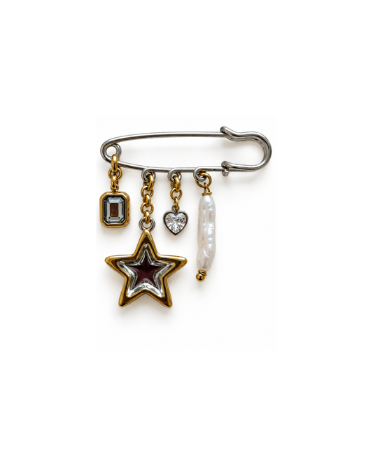 Starlight Charms Brooch: silver safety pin with gold star, heart, pearl and crystal charms